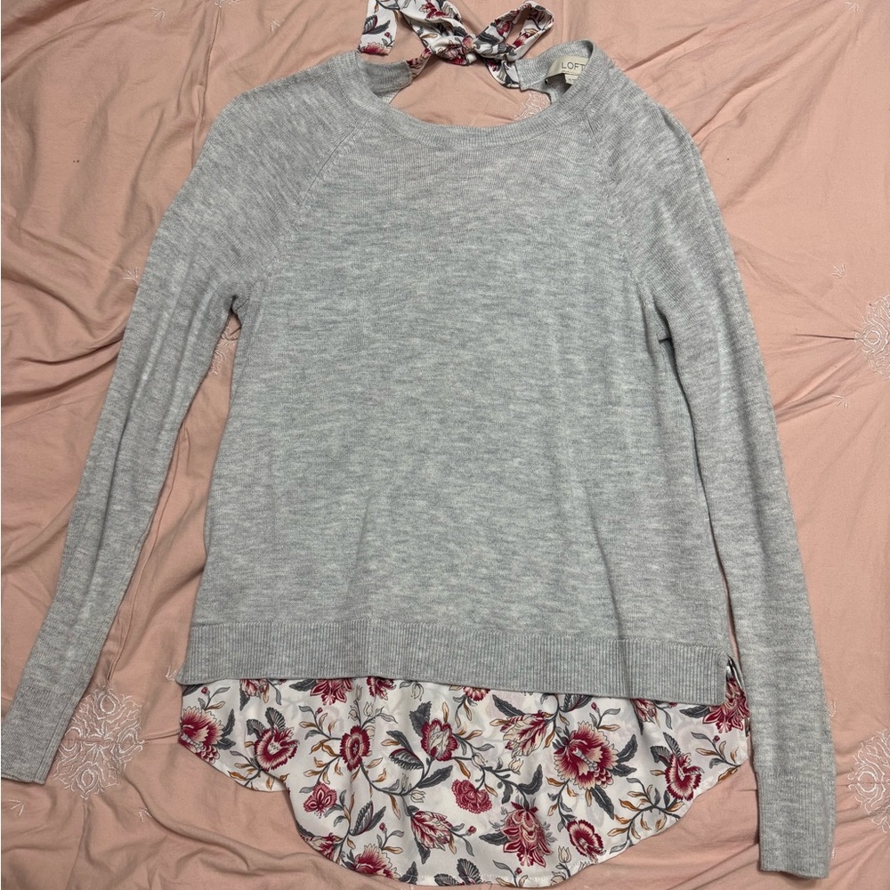 LOFT Gray Sweater with Floral Accents